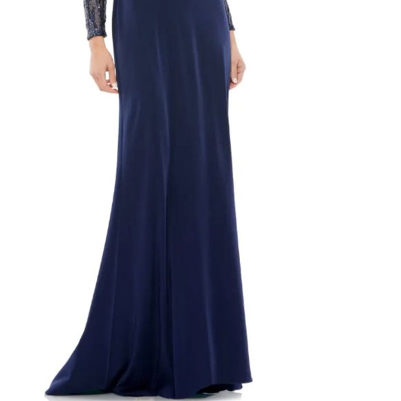 MAC DUGGAL V-NECK LONG SLEEVE SEQUIN EMPIRE WAIST MIDNIGHT NAVY GOWN sz 14 - Picture 5 of 6